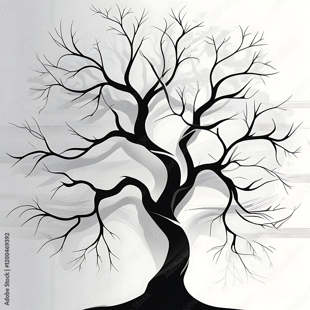 Obraz premium A majestic black and white vector illustration of a tree silhouette, with intricate branches stretching outward in a gentle, sweeping motion, evoking a sense of growth and expansion