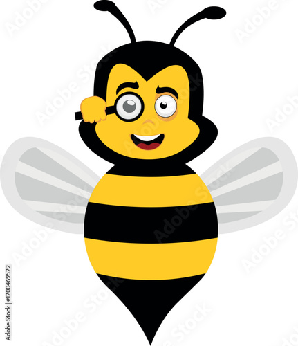vector illustration character bug bee cartoon, watching with a magnifying glass