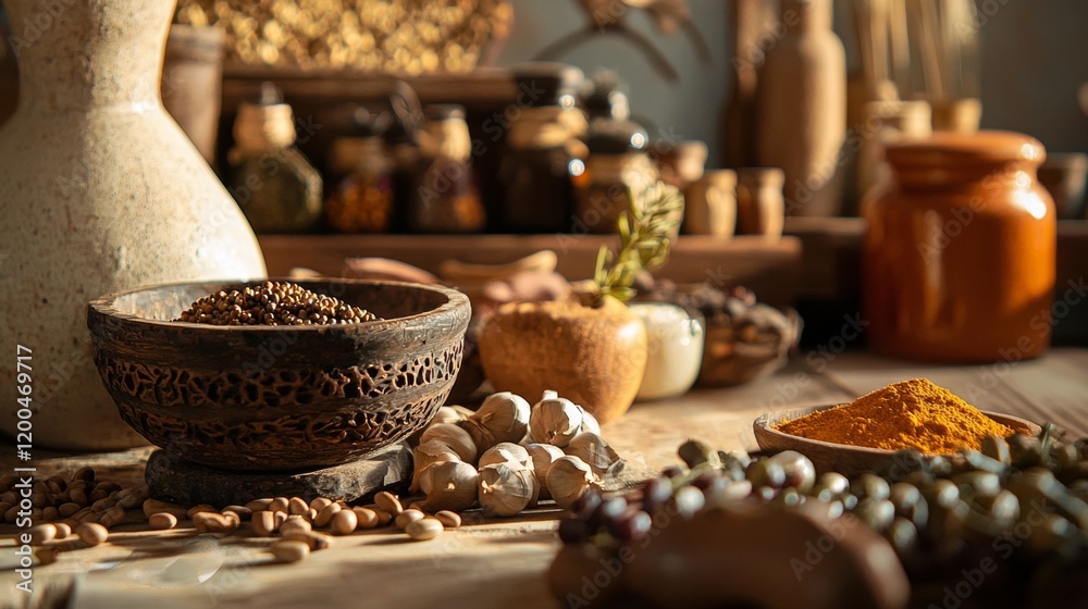 Rustic Ceramic Pots and Spices in Earthy Setting Rustic Ceramic Pots and Spices in Earthy Setting