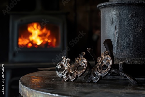 Artistic spurs by a roaring fire in a blacksmith shop photo