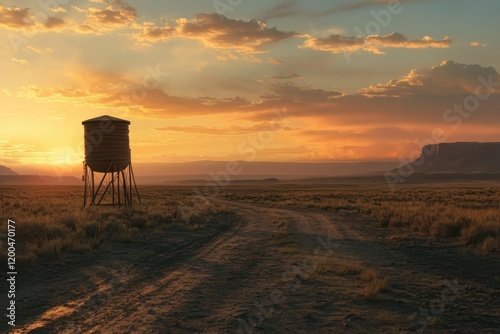 Desert water tower at sunrise in tranquil wilderness