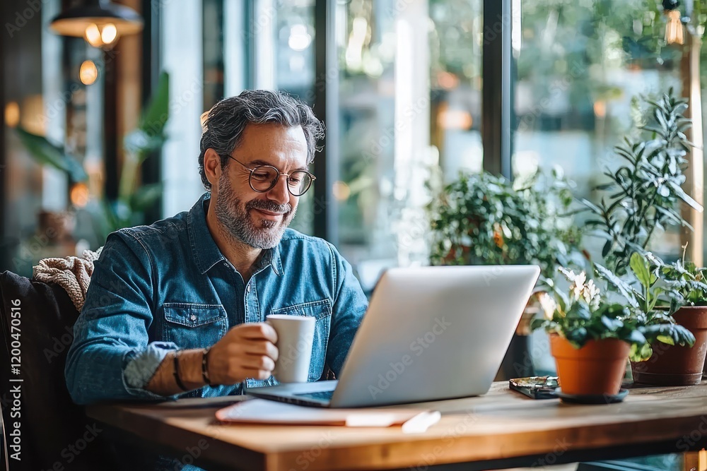 Smiling man in denim shirt enjoying coffee while working on laptop in a bright cozy home office Smiling man in denim shirt enjoying coffee while working on laptop in a bright cozy home office