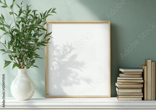 Minimalist Interior Scene with Square Frame and Green Plant on White Wooden Surface