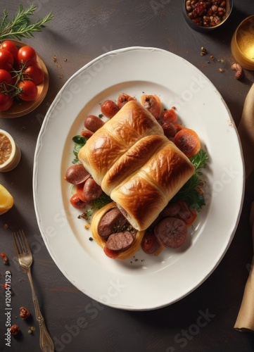 A beautifully styled plate with a gourmet sausage roll as the centerpiece, presentation, styling, culinary