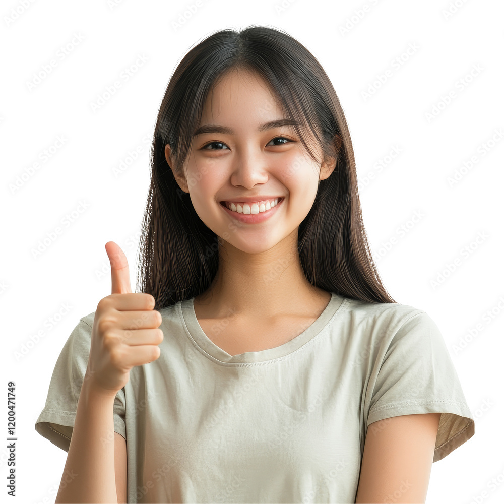 Young Asian woman expressing joy and giving a thumbsup indoors during daylight hours, Happy young Asian woman feeling happiness and gesture thumb up with transparent background Young Asian woman expressing joy and giving a thumbsup indoors during daylight hours, Happy young Asian woman feeling happiness and gesture thumb up with transparent background