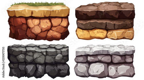 Game Platform Terrain Set:  A versatile set of four different platform textures, showcasing varied earth, stone, and rock formations, ready to be used for creating dynamic game environments. 