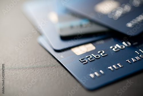 Macro low key credit card or debit card background with selective focus on microchip