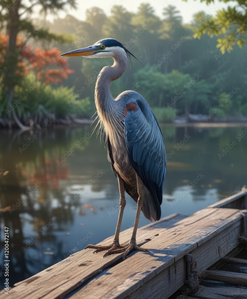 Naklejka premium A blue heron sits perched on a weathered boat dock, its feathers ruffled by the gentle breeze, as it surveys its surroundings with an air of calmness , nature, avian photography