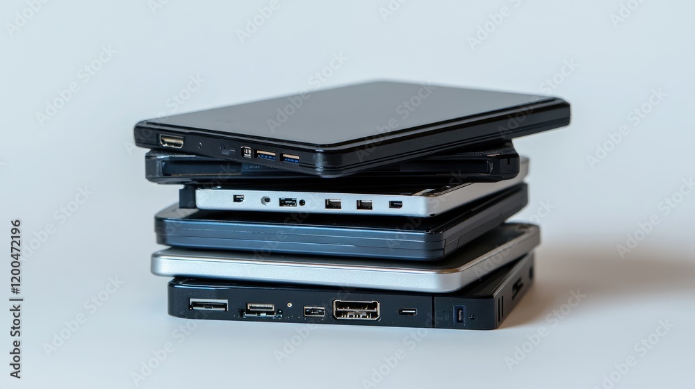A stack of hard drives and solid-state drives on a white background.
