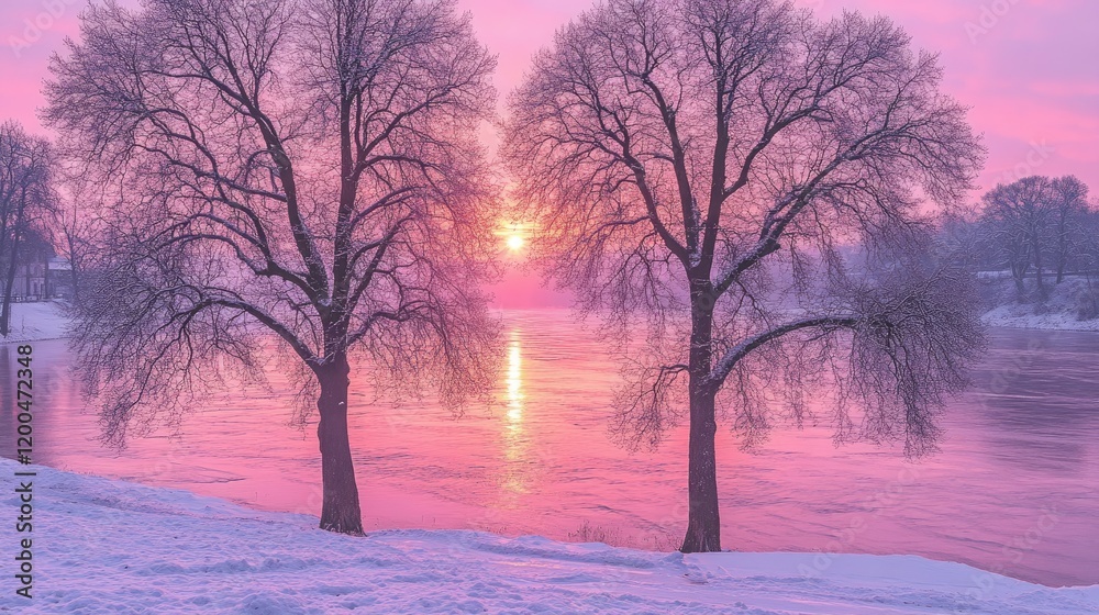 Pink sunrise over snowy river, two trees framing the sun, winter landscape, serene nature scene, perfect for calendar or screensaver Pink sunrise over snowy river, two trees framing the sun, winter landscape, serene nature scene, perfect for calendar or screensaver
