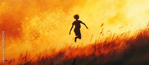 Person leaps in field at sunset. Golden light and tall grasses in the background. Possible use ads