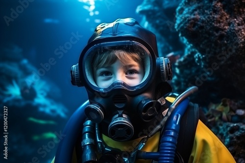 Portrait of a boy in scuba diving suit  Underwater world
