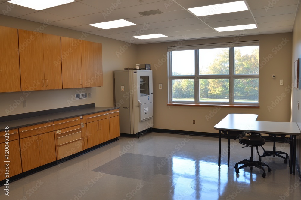 Modern Classroom Interior with Natural Light, Functional Design Elements, Large Windows, and Simple Furniture Arrangement for Educational Settings Modern Classroom Interior with Natural Light, Functional Design Elements, Large Windows, and Simple Furniture Arrangement for Educational Settings