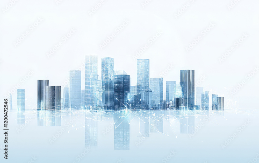 Modern city skyline reflecting on calm waters during a serene early morning, showcasing towering skyscrapers intertwined with digital elements representing connectivity and innovation Modern city skyline reflecting on calm waters during a serene early morning, showcasing towering skyscrapers intertwined with digital elements representing connectivity and innovation
