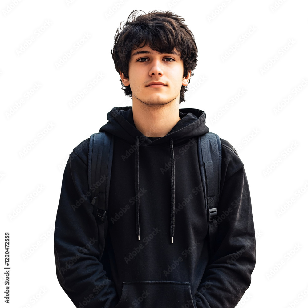 A young man stands confidently, wearing a black hoodie and a backpack. A young man stands confidently, wearing a black hoodie and a backpack.