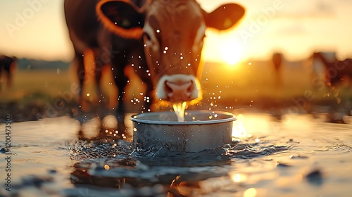 Cow drinking water sunset pasture farmland agriculture photo