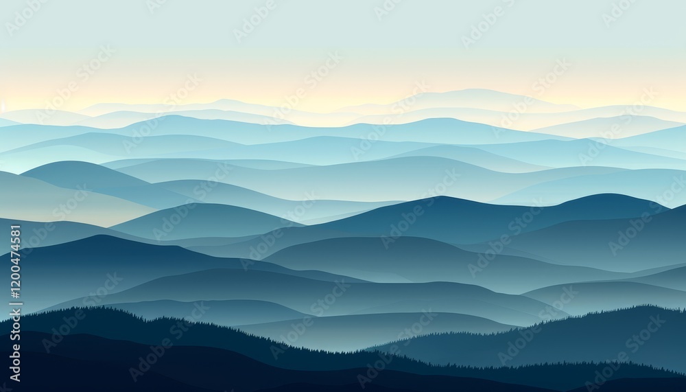 Fototapeta premium A panoramic view of a mountain range with a hazy blue sky, the mountains fade into the distance.