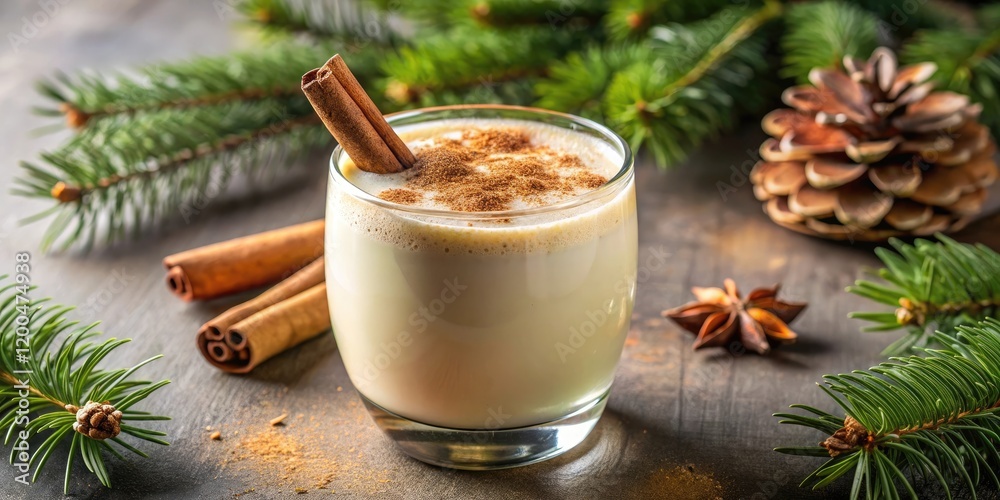 A glass of creamy eggnog topped with nutmeg and sprinkled with cinnamon, winter, eggnog, velvety, holiday decorations, holiday drink A glass of creamy eggnog topped with nutmeg and sprinkled with cinnamon, winter, eggnog, velvety, holiday decorations, holiday drink