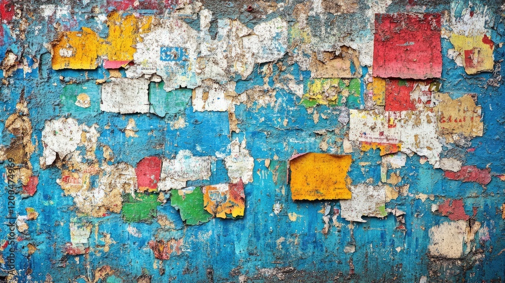 Colorful tattered posters on weathered blue wall; urban texture background; design Colorful tattered posters on weathered blue wall; urban texture background; design
