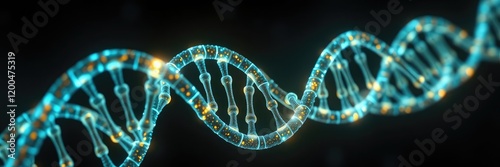 A glowing DNA strand with intricate patterns and shapes that seem to pulse and vibrate within its structure, ethereal filaments, biotic patterns