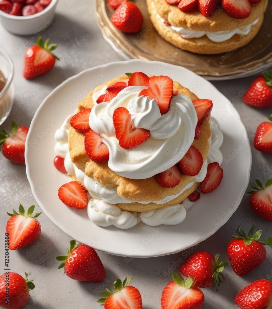 A golden-brown shortcake topped with a generous dollop of whipped cream and sliced strawberries , fruit on top, shortcake, dessert A golden-brown shortcake topped with a generous dollop of whipped cream and sliced strawberries , fruit on top, shortcake, dessert