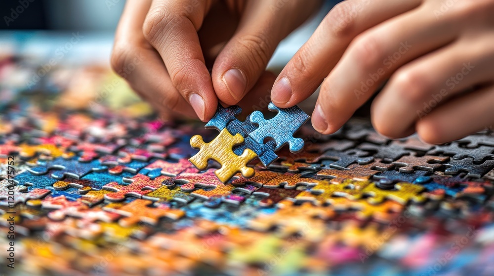 Solving a Colorful Jigsaw Puzzle: A Close-Up View of Hands Carefully Placing Pieces Together Solving a Colorful Jigsaw Puzzle: A Close-Up View of Hands Carefully Placing Pieces Together
