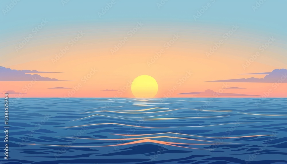 A beautiful sunset over the ocean with a bright, orange sun and blue sky. A beautiful sunset over the ocean with a bright, orange sun and blue sky.