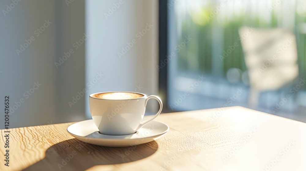 Coffee Break: White Cappuccino Cup on Light Brown Table by Window in Morning Scene Coffee Break: White Cappuccino Cup on Light Brown Table by Window in Morning Scene