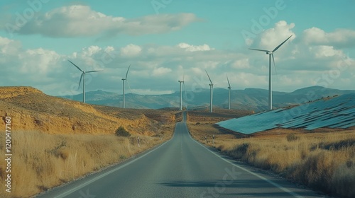 A scenic road trip through the heart of renewable energy in Spain, showcasing wind turbines and solar panels against a backdrop of rolling hills and a clear sky. photo