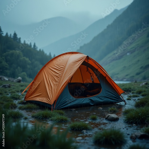 The image shows a camping tent set up in a mountainous area. The tent is orange and blue in color and is positioned in the center of the image.