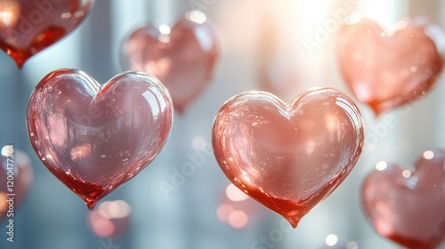 Glass hearts float, sunlit backdrop, Valentine's Day card