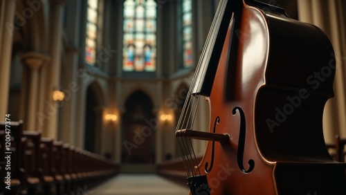 An octobass playing deep notes, set against a blurred Gothic cathedral. The thunderous bass creates an immersive atmosphere, blending with the imposing architecture to evoke a mystical, sacred vibe. photo