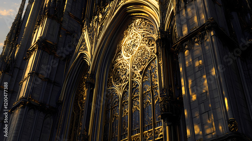 Majestic gothic cathedral illustration, ornate facade, gold and dark tones, intricate details, architectural masterpiece. Gothic Cathedral Shadows. Illustration