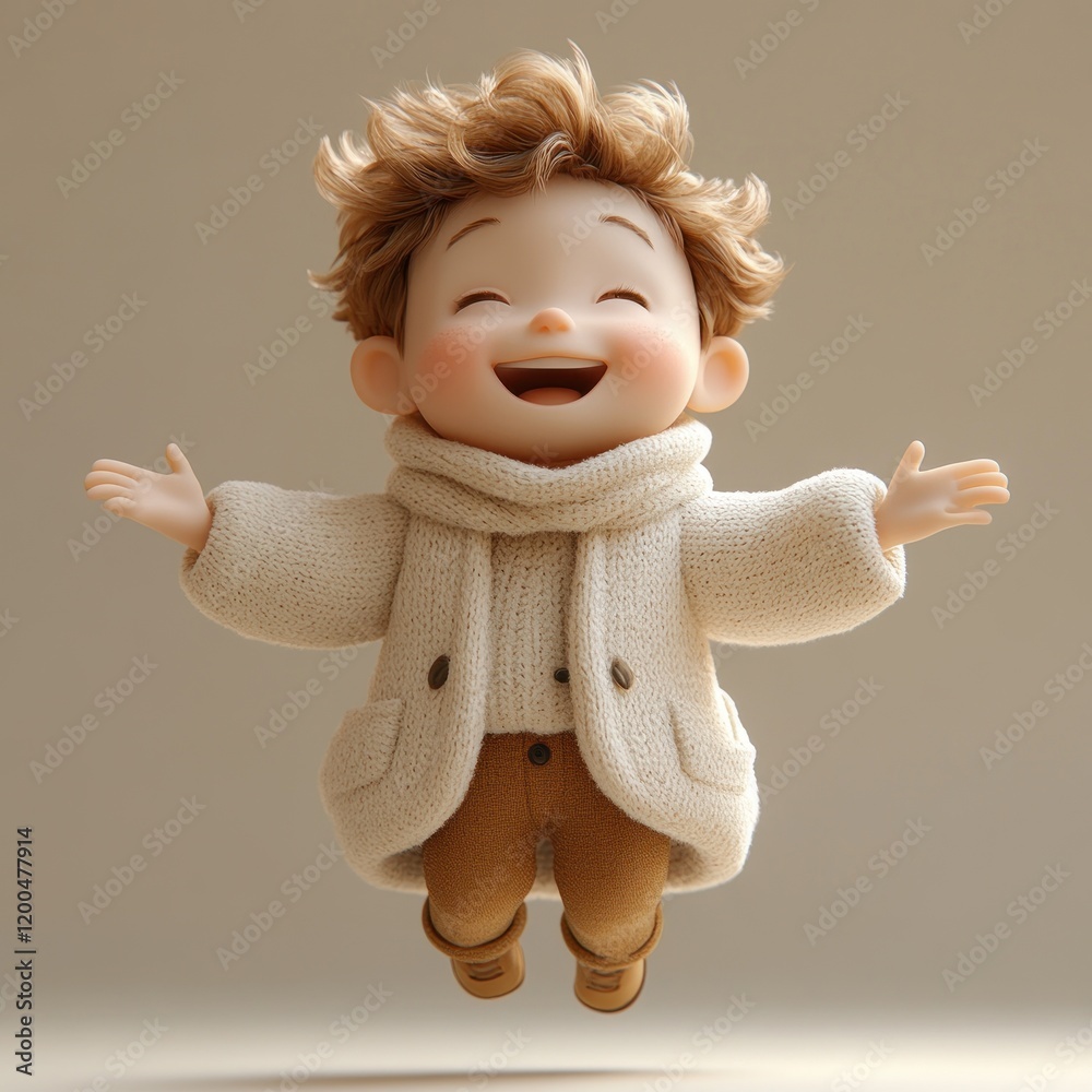 Fototapeta premium Cheerful Jumping Boy in Casual Red Sweater and Blue Pants Smiling with Joyful Energy