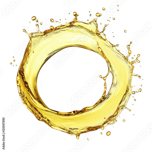 circular splash of golden liquid. resembling oil or a beverage. with a transparent background the dynamic splash creates a visually appealing effect. often used in design contexts to represent fluidit photo