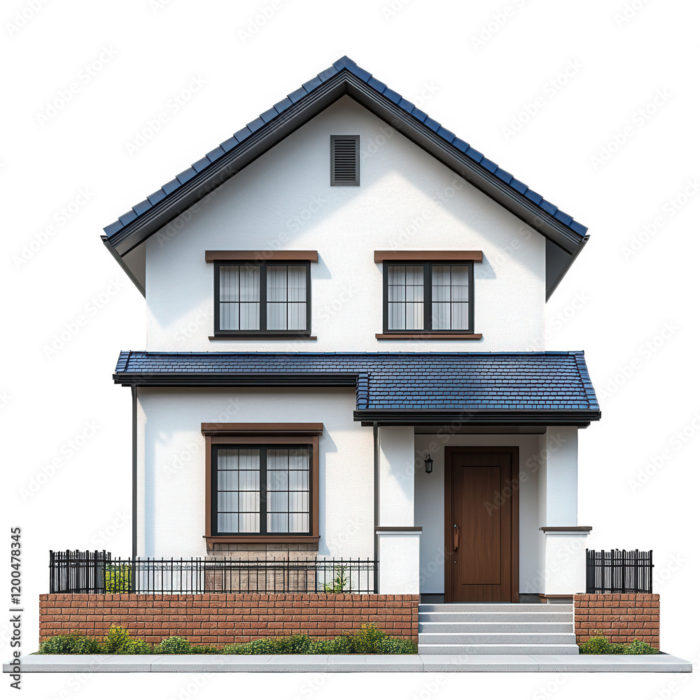 Naklejka premium a modern two-story house featuring a white exterior with brown accents. a blue roof. and several windows the front yard includes a small garden and a fence. emphasizing a welcoming and contemporary re