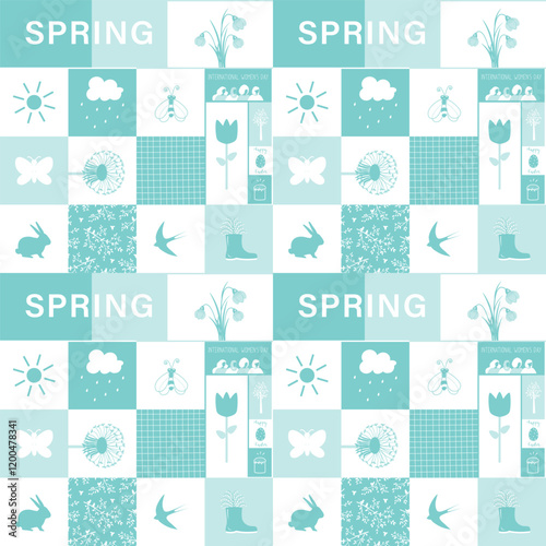 Spring Square Pattern. Seamless Geometric Print with Spring Elements. Chess Background. Spring Flowers, Easter Bunny, Snowdrop, Sun, Dandelion, Swallow, Women Silhouettes. Vector in Blue, White