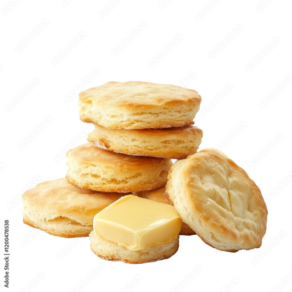 Delicious homemade biscuits stacked with a pat of butter on a transparent background, Biscuits butter with sugar on transparent background Delicious homemade biscuits stacked with a pat of butter on a transparent background, Biscuits butter with sugar on transparent background