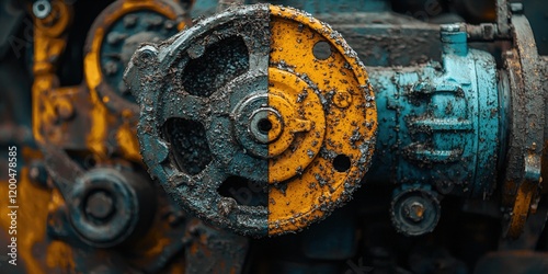 A close-up of a rusty, partially corroded mechanical gear with vibrant yellow and teal paint, showcasing the beauty of industrial decay. photo