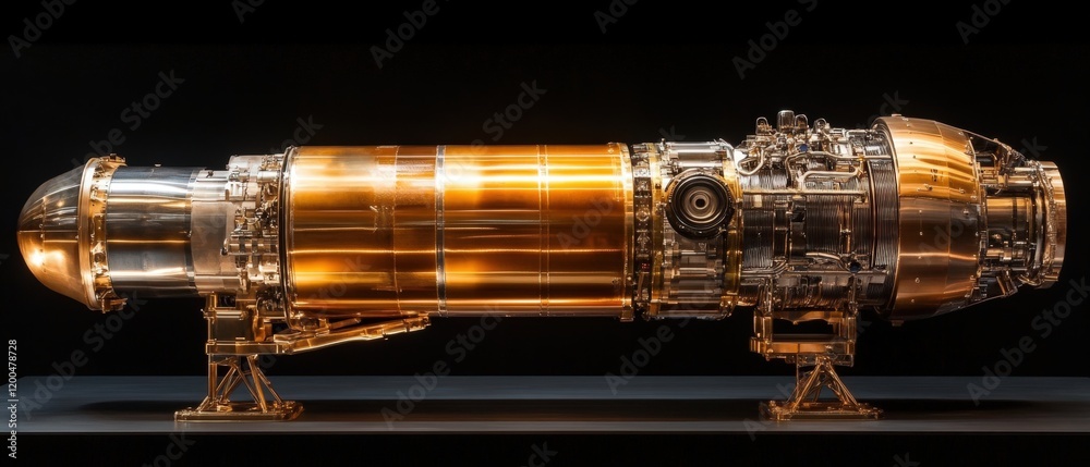 Naklejka premium A sleek, metallic rocket engine showcasing intricate design and engineering, illuminated against a dark background.