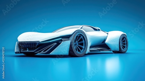 Futuristic white sports car on blue background.