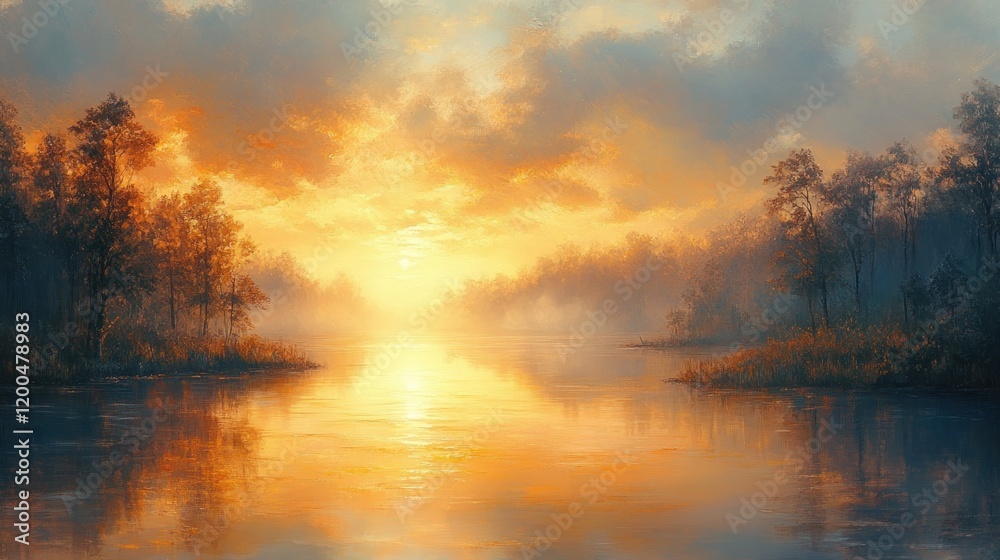 Serene Dreamy Landscape with Ethereal Light and Winding River in Foggy Countryside Serene Dreamy Landscape with Ethereal Light and Winding River in Foggy Countryside