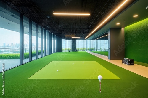 Modern Indoor Golf Simulation Space with Lush Green Carpet and Expansive City View, Ideal for Leisure and Fitness Activities in Urban Environment
