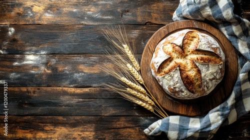 Rustic sourdough bread on wood, wheat, cloth. Food photography for recipe blogs photo