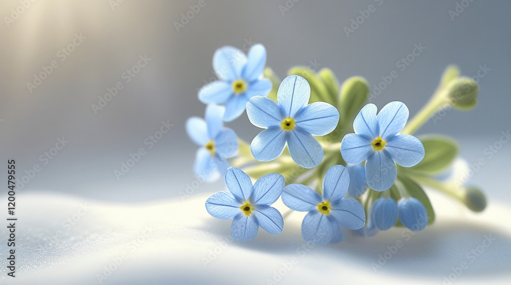 Close up of delicate blue forget me not flowers on a soft white background. Symbol of remembrance, love, and spring. Close up of delicate blue forget me not flowers on a soft white background. Symbol of remembrance, love, and spring.