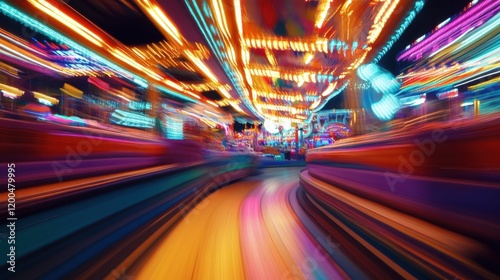 Blurred carnival scene with colorful lights and movement photo