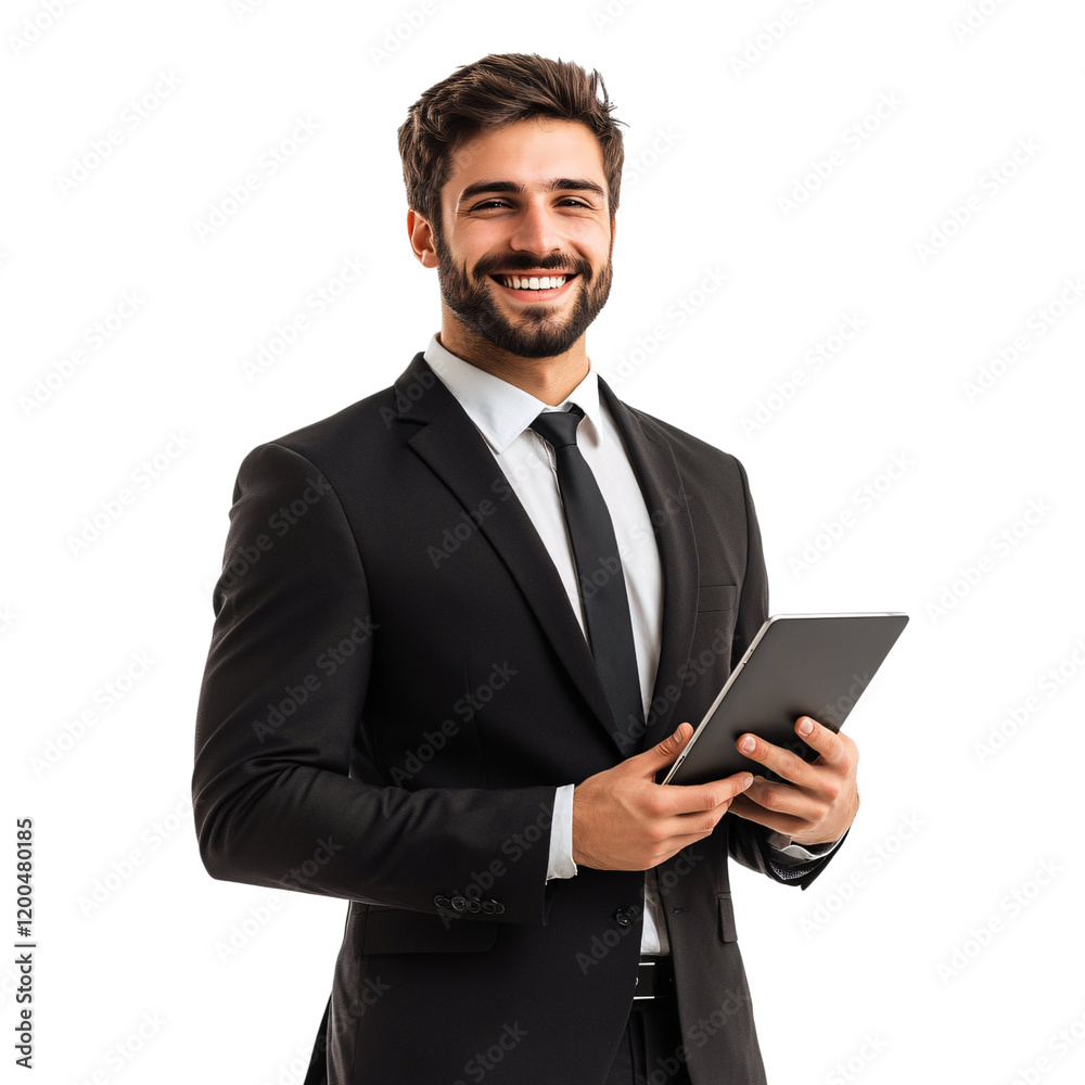 A smiling man in a suit holding a tablet, suggesting professionalism and engagement. A smiling man in a suit holding a tablet, suggesting professionalism and engagement.