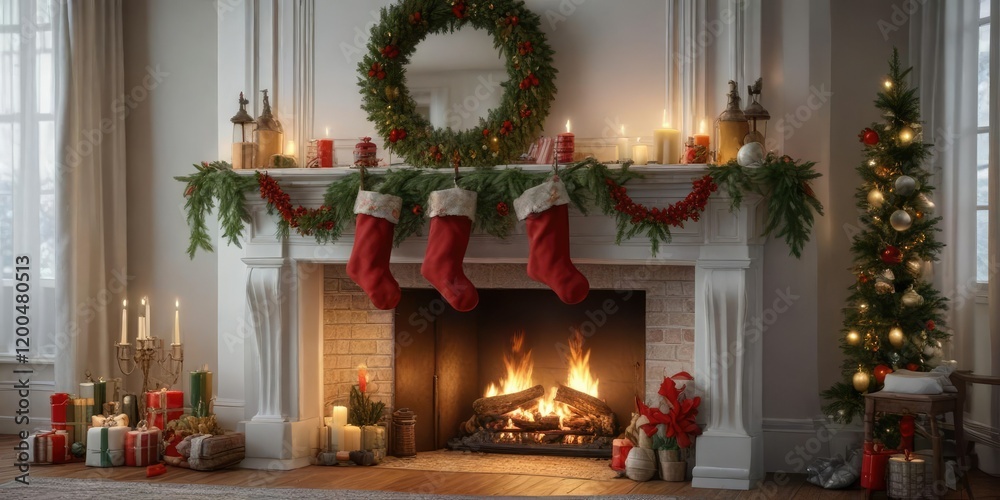 Fototapeta premium A beautifully decorated mantel with stockings, garland, and a holiday-themed vase, holiday decor, centerpiece, wreath