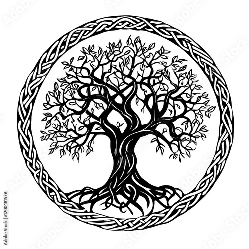 circular Celtic tree of life black and white tattoo stencil