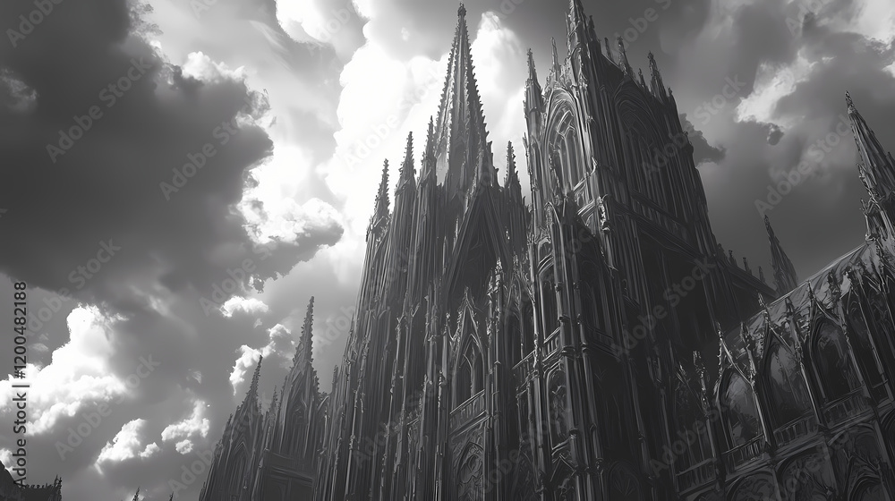 Obraz premium A large gothic cathedral stands tall against a cloudy sky, its intricate details and towering spires casting long shadows. Gothic Cathedral Shadows. Illustration
